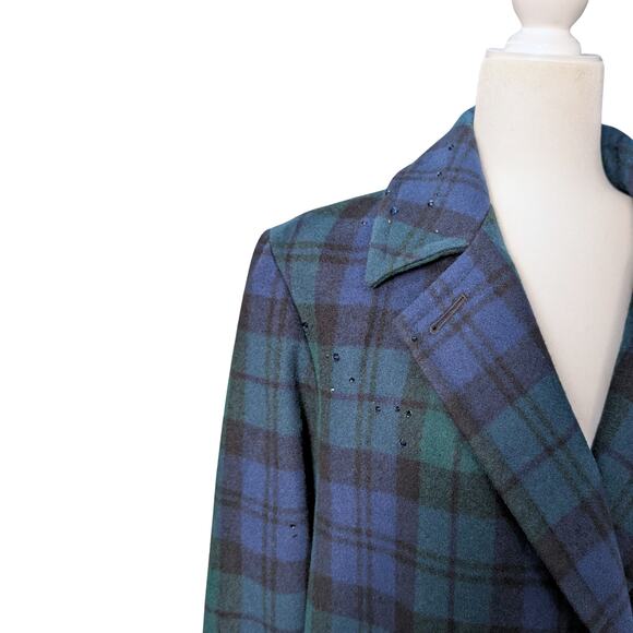 Vintage Checked 100% Wool Coat with Austrian Crystals - Blue Green Tartan - Picture 9 of 15